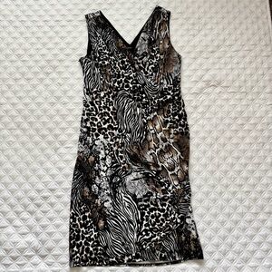 Alfani Animal Print V-Neck Runched Waist Midi Dress Black White Brown Size 12